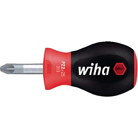 Kurzer Schraubendreher mit rotem und schwarzem Griff. Die Spitze ist silberfarben. Logo von Wiha.