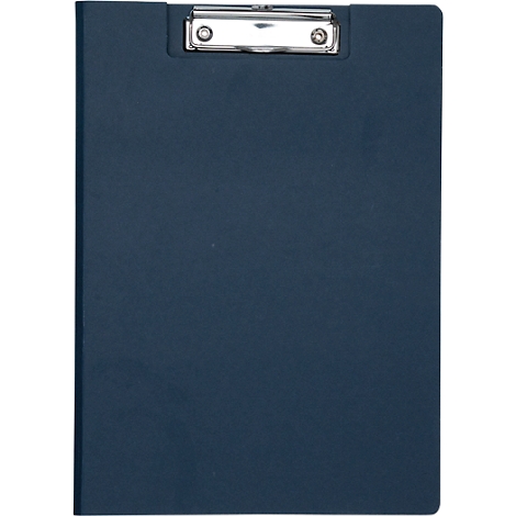 Blaues Klemmbrett im Hochformat mit silberner Klemme.