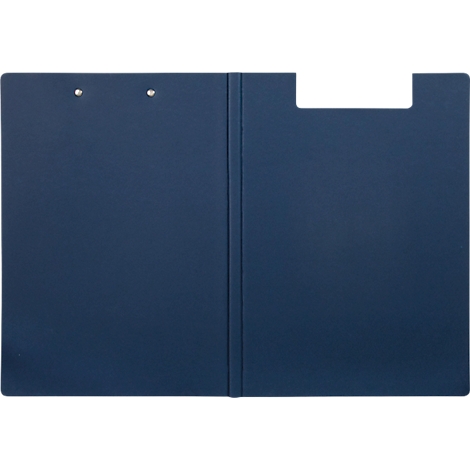 Blaues Klemmbrett, offen, mit Halterung für Papier.