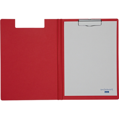 Offener roter Klemmbrett-Ordner mit kariertem Papier und Metallclip. Rechts steht smile@work.