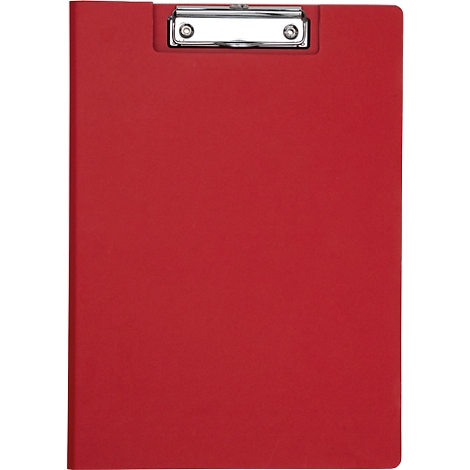 Rotes Klemmbrett mit silbernem Clip.