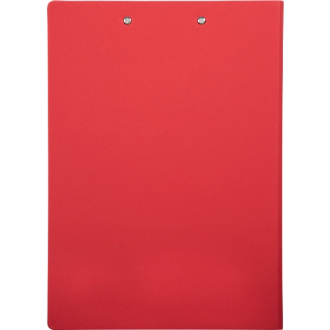 Eine rote Klemmbrett mit Metallklammern oben.