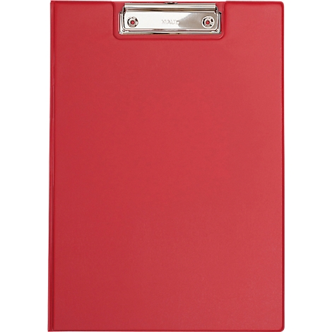 Rote Klemmbrett, silberne Klammer, Schriftzug.