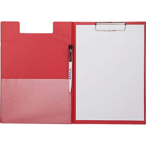 Rote Klemmbrettmappe mit Stift. Rechts das Klemmbrett mit weißem Papier, links eine Tasche mit Stifthalter und einem Stift.