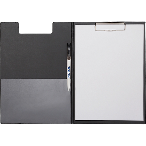 Schwarze Klemmmappe mit Stift und weißem Papier. Der Stift hat den Schriftzug MAUL.