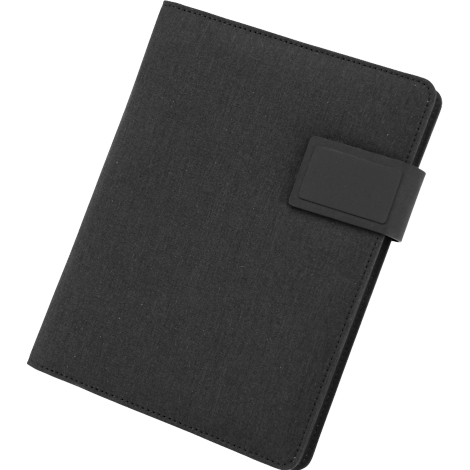 Dunkelgraues Notizbuch mit schwarzem Verschluss.