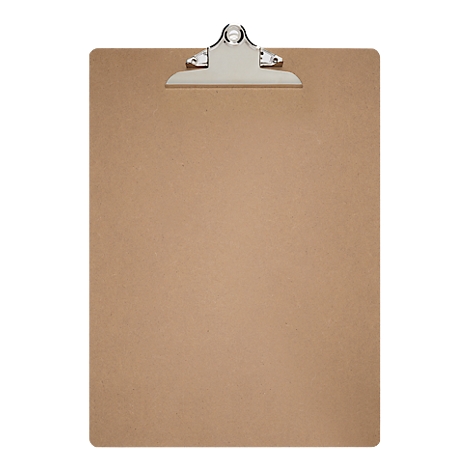Braunes Klemmbrett mit silberner Klammer.