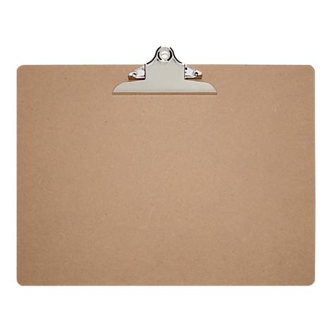 Klemmbrett aus braunem Karton mit Metall-Clip.