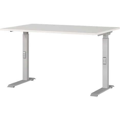 Weißer, höhenverstellbarer Schreibtisch. Quadratische Tischplatte, graue Gestellbeine mit Bedienelementen.