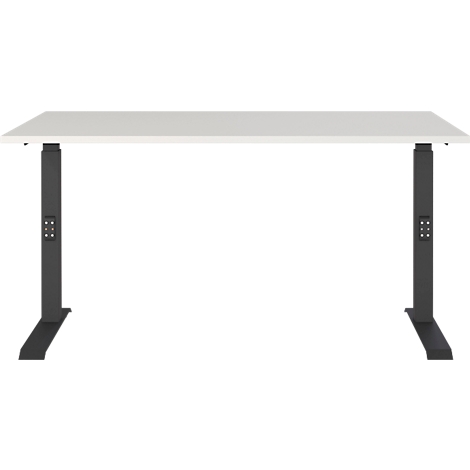 Ein höhenverstellbarer Schreibtisch mit weißer Tischplatte und schwarzen Füßen. An den Füßen befinden sich Bedienknöpfe.