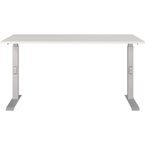 Weißer Schreibtisch mit höhenverstellbaren Beinen. Die Tischplatte ist rechteckig, die Beine grau mit Bedienfeld.