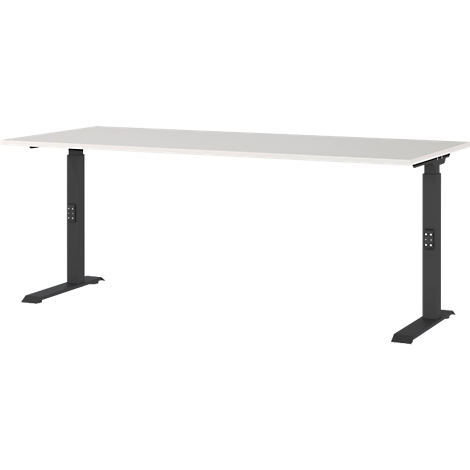 Schreibtisch mit höhenverstellbaren Beinen und weißer Tischplatte auf weißem Hintergrund.
