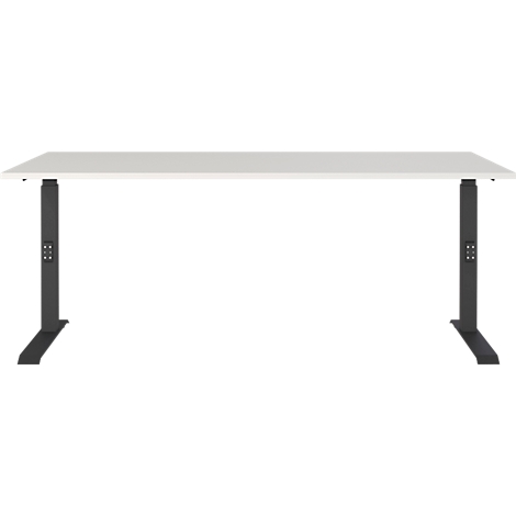 Ein weißer Schreibtisch mit grauen Beinen. Die Höhe ist verstellbar. Auf den Beinen befindet sich eine Steuerung.