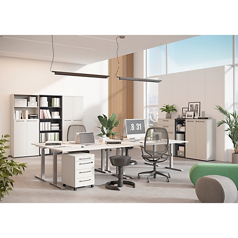 Ein modern eingerichtetes Büro mit Schreibtisch, Stühlen, Schränken und Pflanzen. Auf dem Monitor steht 8:31.