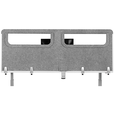Grauer Schreibtischaufsatz mit zwei rechteckigen Öffnungen, der an einem weißen Tisch befestigt ist.