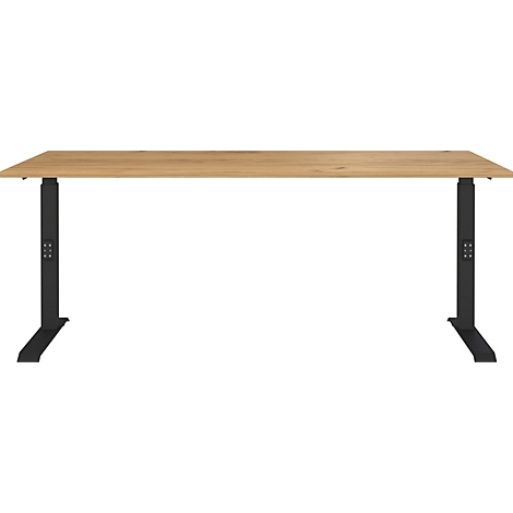 Hellbrauner Schreibtisch mit schwarzem Gestell. Die Tischplatte ist aus Holz, die Beine aus Metall und höhenverstellbar.