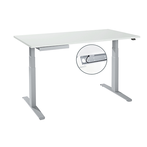 Schreibtisch, elektrisch hÃ¶henverstellbar, Rechteck, T-FuÃ, B 1600 x T 800 x H 645-1290 mm, lichtgrau/weiÃaluminium + ZubehÃ¶rschublade, Kabelkanal + 100 Stk. Einwegmasken