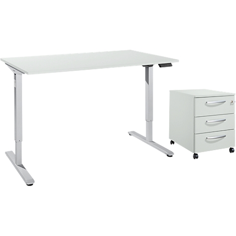 Weißer, höhenverstellbarer Schreibtisch und ein Rollcontainer. Beide Objekte stehen vor weißem Hintergrund.