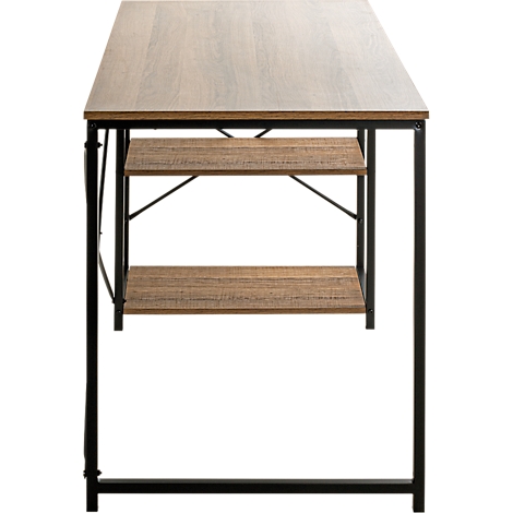 Schreibtisch mit Holzplatte und metallischem Gestell, zwei Ablageflächen darunter.