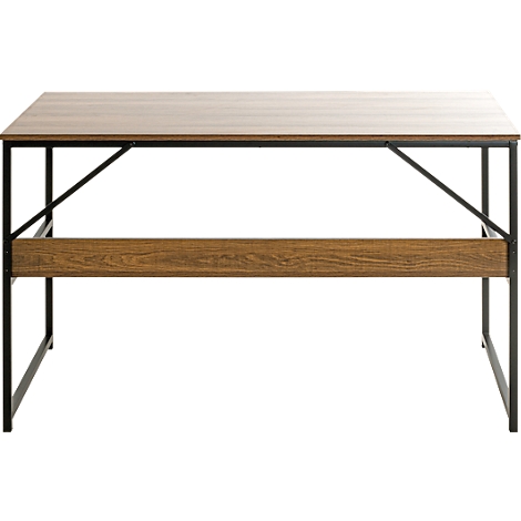 Schreibtisch aus Holz mit schwarzem Metallgestell.