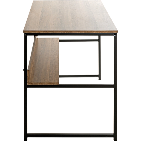 Schreibtisch aus Holz mit schwarzem Metallgestell. Rechteckige Tischplatte mit Ablagefach.