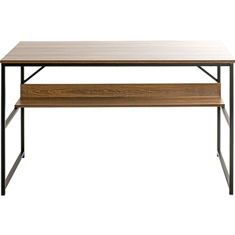 Holzschreibtisch mit schwarzem Metallgestell und Ablage.