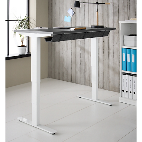 Schreibtisch mit Bambus-Zubehörschublade & Kabelkanal aus Recyclingfilz, elektrisch höhenverstellbar, B 1300 x T 650 x H 605–1265 mm, graphit/weiss