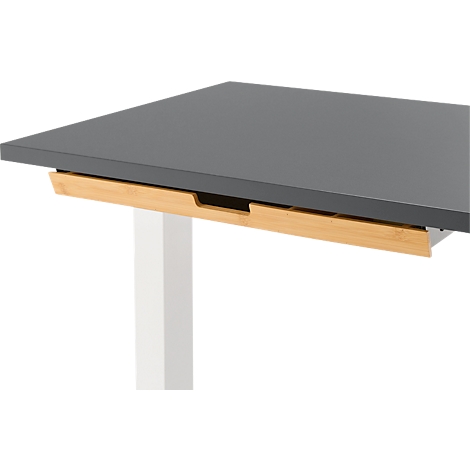 Schreibtisch mit Bambus-Zubehörschublade & Kabelkanal aus Recyclingfilz, elektrisch höhenverstellbar, B 1300 x T 650 x H 605–1265 mm, graphit/weiss