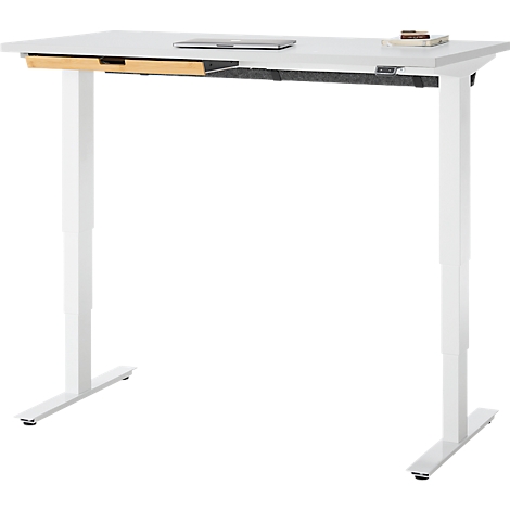Schreibtisch mit Bambus-Zubehörschublade & Kabelkanal aus Recyclingfilz, elektrisch höhenverstellbar, B 1300 x T 650 x H 605–1265 mm, lichtgrau/weiss