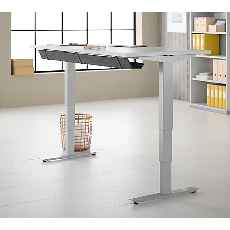 Schreibtisch mit Bambus-Zubehörschublade & Kabelkanal aus Recyclingfilz, elektrisch höhenverstellbar, B 1600 x T 800 x H 605–1265 mm, lichtgrau/silber