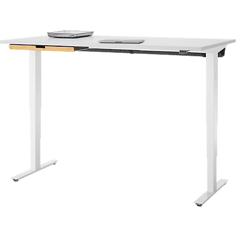Schreibtisch mit Bambus-Zubehörschublade & Kabelkanal aus Recyclingfilz, elektrisch höhenverstellbar, B 1600 x T 800 x H 605–1265 mm, lichtgrau/weiss