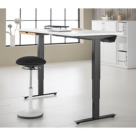 Schreibtisch mit Bambus-Zubehörschublade & Kabelkanal aus Recyclingfilz, elektrisch höhenverstellbar, B 1600 x T 800 x H 605–1265 mm, weiss/schwarz