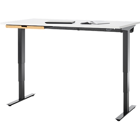 Schreibtisch mit Bambus-Zubehörschublade & Kabelkanal aus Recyclingfilz, elektrisch höhenverstellbar, B 1600 x T 800 x H 605–1265 mm, weiss/schwarz