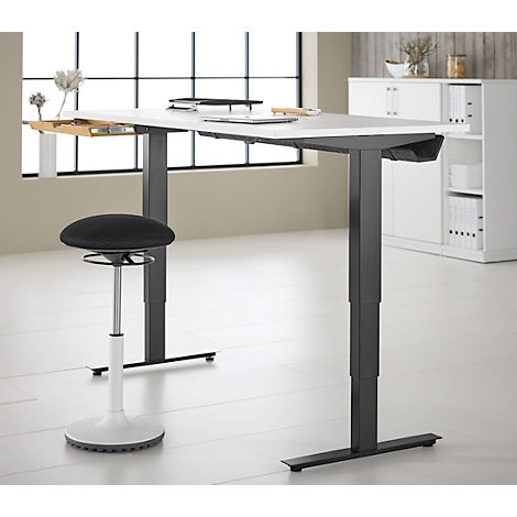 Schreibtisch mit Bambus-Zubehörschublade & Kabelkanal aus Recyclingfilz, elektrisch höhenverstellbar, B 1600 x T 800 x H 605–1265 mm, weiss/schwarz