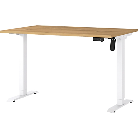 Heller Schreibtisch mit Holzplatte und weißem Gestell. Ein Bedienfeld und ein schwarzer Hebel sind sichtbar.