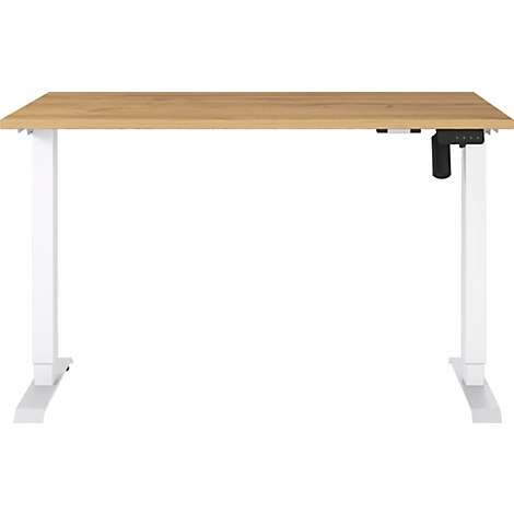 Ein höhenverstellbarer Schreibtisch, helles Holz, weißes Gestell.