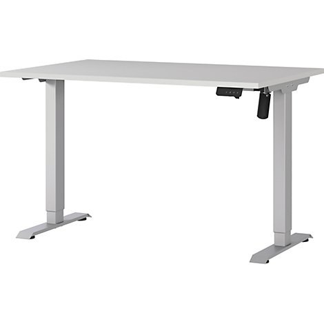 Weißer, höhenverstellbarer Schreibtisch mit grauen Beinen und Bedienfeld.