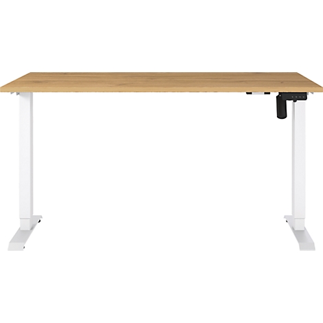 Heller Holz-Schreibtisch mit weißen Beinen und Steuerung.
