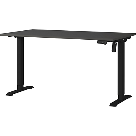 Schreibtisch, grau, höhenverstellbar, schwarze Beine. Bedienelemente sind rechts.