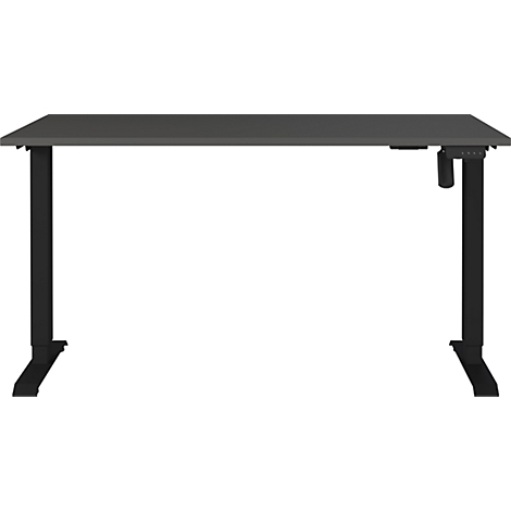 Ein grauer, höhenverstellbarer Schreibtisch mit schwarzen Beinen, Ansicht von vorne.