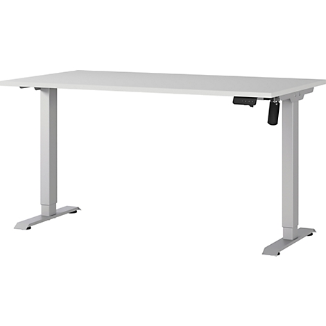 Ein weißer, höhenverstellbarer Schreibtisch mit zwei quadratischen Beinen, die auf einem grauen Boden stehen. An der Seite befindet sich ein Bedienelement.