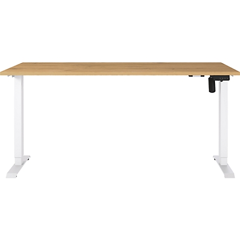 Ein höhenverstellbarer Schreibtisch mit hellbrauner Holzplatte und weißen Beinen. Rechts befindet sich ein schwarzes Bedienelement.
