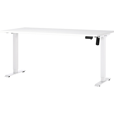 Weißer, höhenverstellbarer Schreibtisch. Rechts ein Bedienfeld mit Knöpfen. Der Tisch steht vor weißem Hintergrund.
