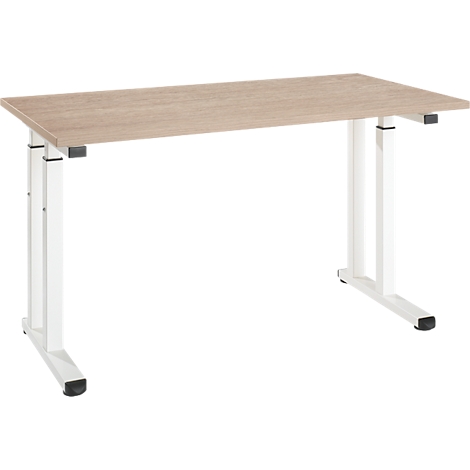 Hellbrauner Schreibtisch mit weißen, höhenverstellbaren Beinen. Die Tischplatte ist rechteckig. Die Beine haben schwarze Füße.
