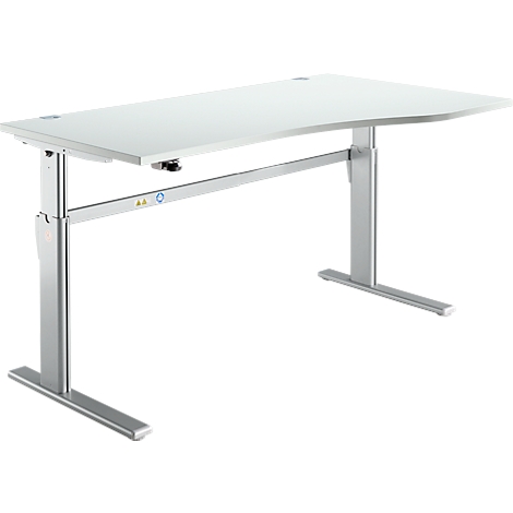 Ein weisser, höhenverstellbarer Schreibtisch mit silbernen Beinen und einer hellen Tischplatte. Der Tisch steht isoliert vor weissem Hintergrund.