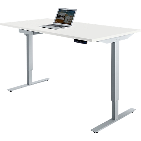Weißer, höhenverstellbarer Schreibtisch mit Laptop. Graue Beine, schwarze Bedienknöpfe.