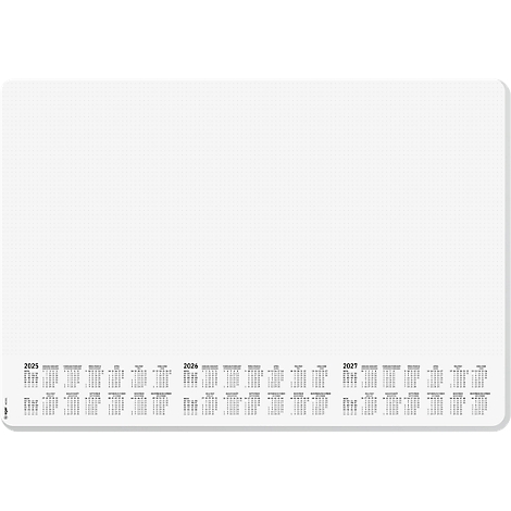 Weißes Mousepad mit Kalender für die Jahre 2025, 2026 und 2027 am unteren Rand. Der Hintergrund ist mit einem feinen Gitter versehen.