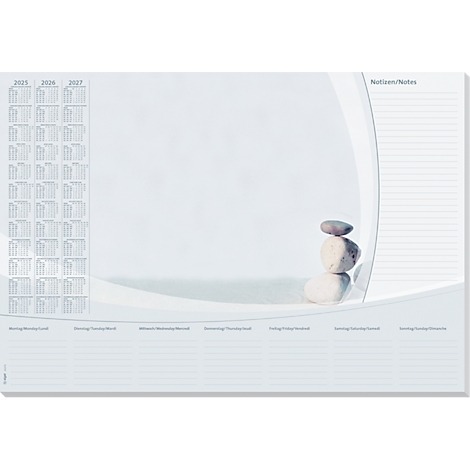 Weißer Kalender mit Steinen. Links Kalender für 2023, 2024, 2025, 2026, 2027. Oben Notizen, unten Wochentage.