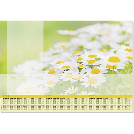 Kalender mit Gänseblümchen-Hintergrund und Jahresübersicht 2024-2026.