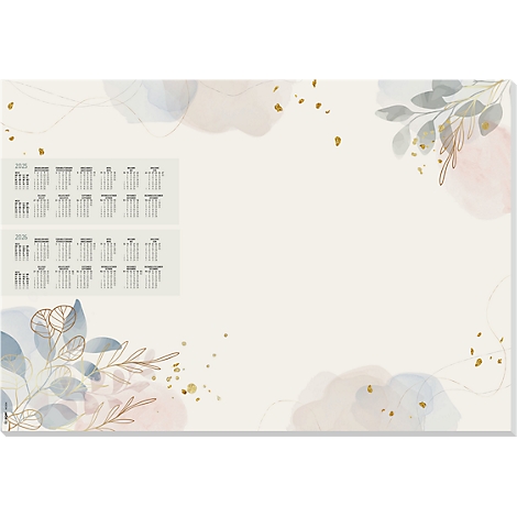Hintergrund mit Kalendern und Aquarellfarben in Creme, Rosa, Blau und Gold.